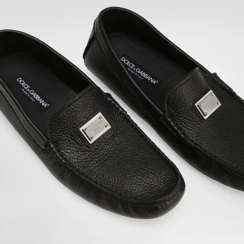 Dolce & Gabbana Black Leather Slip-On Loafers with Metallic Detail